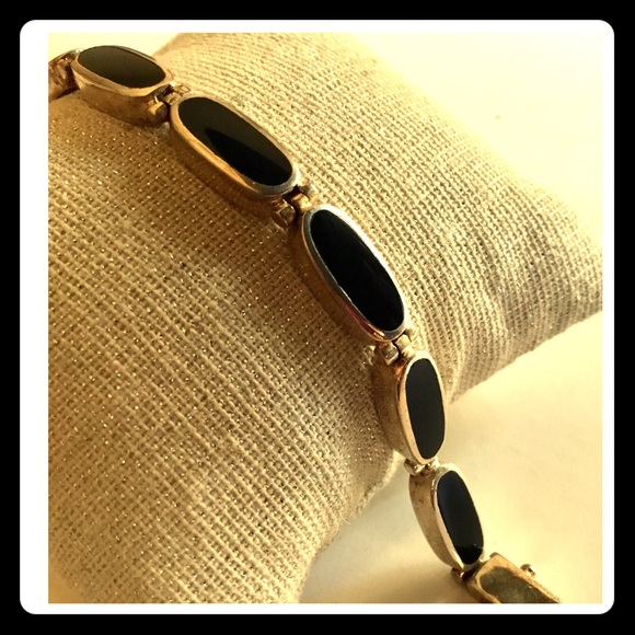 STERLING SILVER 925 INLAY BEAUTIFUL BLACK BRACELET - Picture 1 of 8